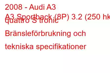 2008 - Audi A3
A3 Sportback (8P) 3.2 (250 hk) quattro S tronic Bränsleförbrukning och tekniska specifikationer