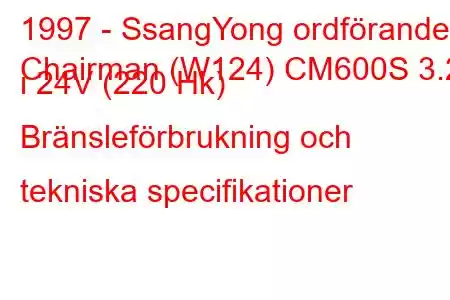 1997 - SsangYong ordförande
Chairman (W124) CM600S 3.2 i 24V (220 Hk) Bränsleförbrukning och tekniska specifikationer