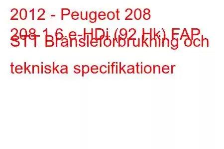 2012 - Peugeot 208
208 1.6 e-HDi (92 Hk) FAP STT Bränsleförbrukning och tekniska specifikationer