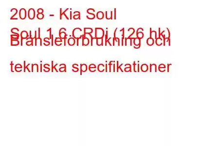 2008 - Kia Soul
Soul 1.6 CRDi (126 hk) Bränsleförbrukning och tekniska specifikationer