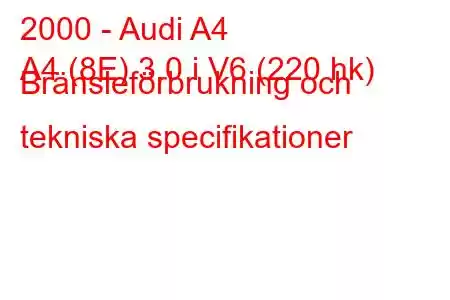 2000 - Audi A4
A4 (8E) 3.0 i V6 (220 hk) Bränsleförbrukning och tekniska specifikationer