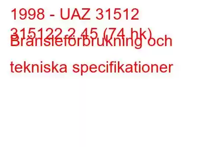 1998 - UAZ 31512
315122 2,45 (74 hk) Bränsleförbrukning och tekniska specifikationer