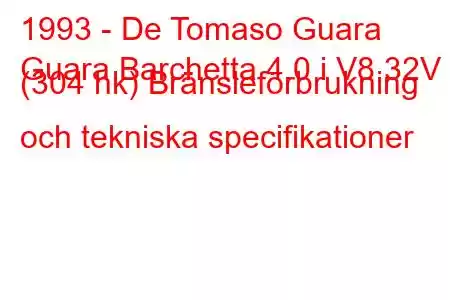 1993 - De Tomaso Guara
Guara Barchetta 4.0 i V8 32V (304 hk) Bränsleförbrukning och tekniska specifikationer