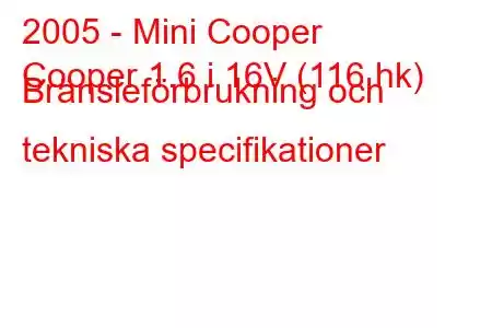 2005 - Mini Cooper
Cooper 1.6 i 16V (116 hk) Bränsleförbrukning och tekniska specifikationer