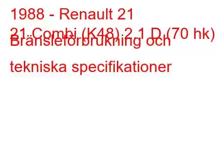 1988 - Renault 21
21 Combi (K48) 2.1 D (70 hk) Bränsleförbrukning och tekniska specifikationer