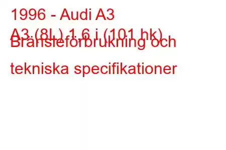 1996 - Audi A3
A3 (8L) 1,6 i (101 hk) Bränsleförbrukning och tekniska specifikationer