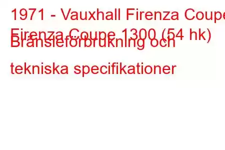 1971 - Vauxhall Firenza Coupe
Firenza Coupe 1300 (54 hk) Bränsleförbrukning och tekniska specifikationer