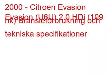 2000 - Citroen Evasion
Evasion (U6U) 2.0 HDi (109 hk) Bränsleförbrukning och tekniska specifikationer