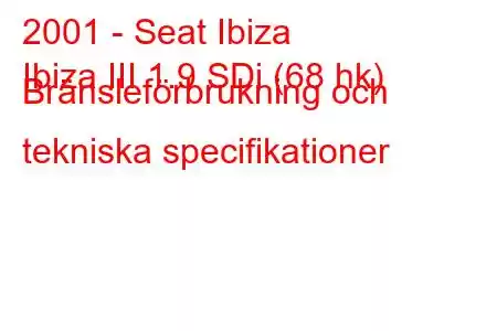 2001 - Seat Ibiza
Ibiza III 1.9 SDi (68 hk) Bränsleförbrukning och tekniska specifikationer