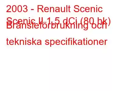 2003 - Renault Scenic
Scenic II 1,5 dCi (80 hk) Bränsleförbrukning och tekniska specifikationer