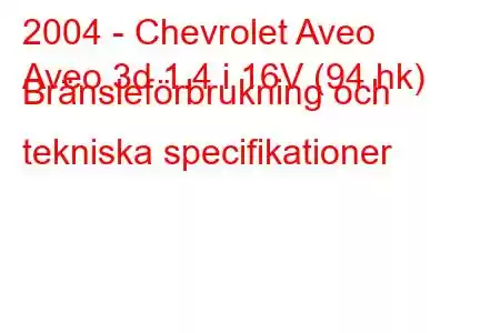 2004 - Chevrolet Aveo
Aveo 3d 1.4 i 16V (94 hk) Bränsleförbrukning och tekniska specifikationer