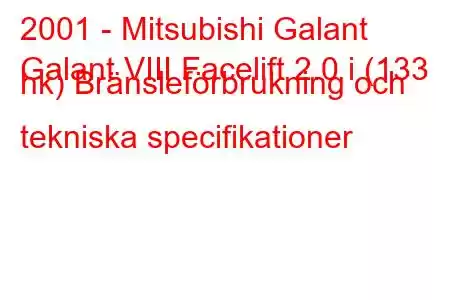 2001 - Mitsubishi Galant
Galant VIII Facelift 2.0 i (133 hk) Bränsleförbrukning och tekniska specifikationer