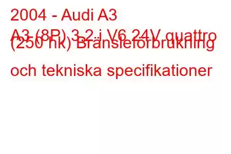 2004 - Audi A3
A3 (8P) 3.2 i V6 24V quattro (250 hk) Bränsleförbrukning och tekniska specifikationer