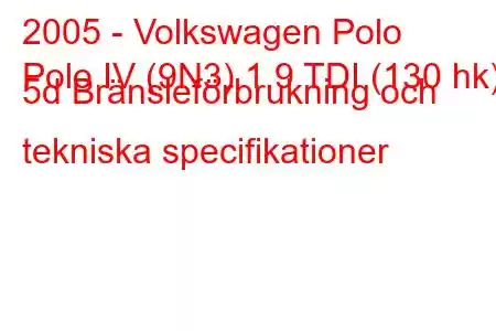 2005 - Volkswagen Polo
Polo IV (9N3) 1.9 TDI (130 hk) 5d Bränsleförbrukning och tekniska specifikationer