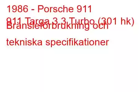 1986 - Porsche 911
911 Targa 3.3 Turbo (301 hk) Bränsleförbrukning och tekniska specifikationer