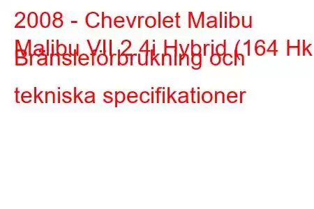 2008 - Chevrolet Malibu
Malibu VII 2.4i Hybrid (164 Hk) Bränsleförbrukning och tekniska specifikationer