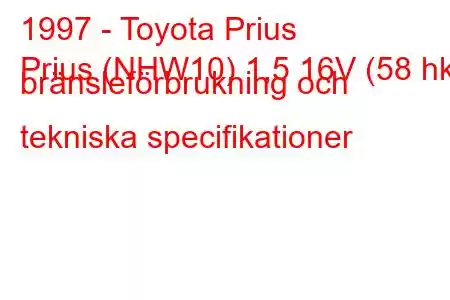 1997 - Toyota Prius
Prius (NHW10) 1,5 16V (58 hk) bränsleförbrukning och tekniska specifikationer