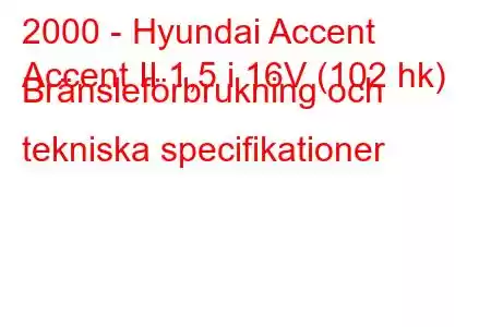 2000 - Hyundai Accent
Accent II 1,5 i 16V (102 hk) Bränsleförbrukning och tekniska specifikationer