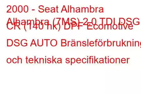 2000 - Seat Alhambra
Alhambra (7MS) 2.0 TDI DSG CR (140 hk) DPF Ecomotive DSG AUTO Bränsleförbrukning och tekniska specifikationer