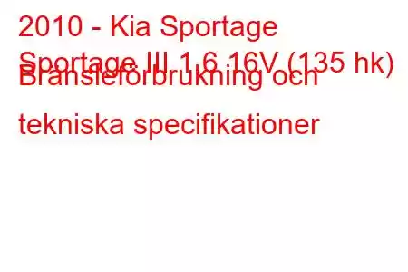 2010 - Kia Sportage
Sportage III 1.6 16V (135 hk) Bränsleförbrukning och tekniska specifikationer