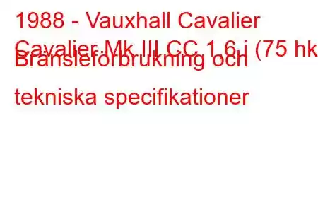 1988 - Vauxhall Cavalier
Cavalier Mk III CC 1,6 i (75 hk) Bränsleförbrukning och tekniska specifikationer