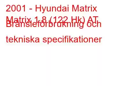 2001 - Hyundai Matrix
Matrix 1.8 (122 Hk) AT Bränsleförbrukning och tekniska specifikationer