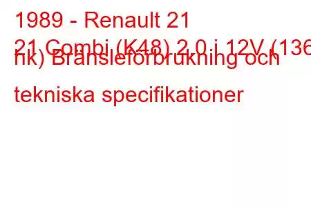 1989 - Renault 21
21 Combi (K48) 2.0 i 12V (136 hk) Bränsleförbrukning och tekniska specifikationer