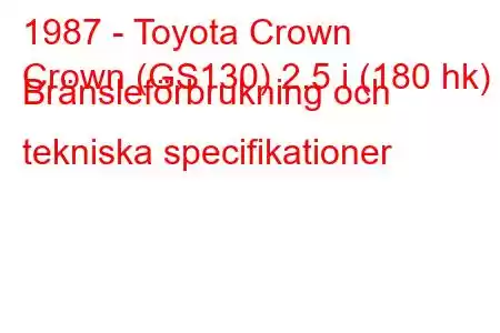 1987 - Toyota Crown
Crown (GS130) 2,5 i (180 hk) Bränsleförbrukning och tekniska specifikationer