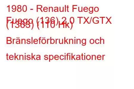 1980 - Renault Fuego
Fuego (136) 2.0 TX/GTX (1363) (110 Hk) Bränsleförbrukning och tekniska specifikationer