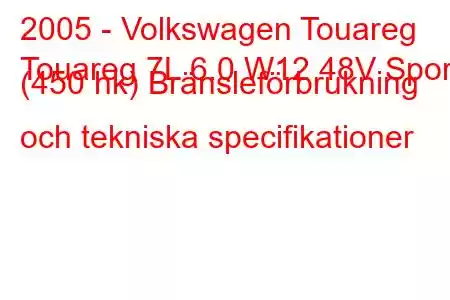 2005 - Volkswagen Touareg
Touareg 7L 6.0 W12 48V Sport (450 hk) Bränsleförbrukning och tekniska specifikationer