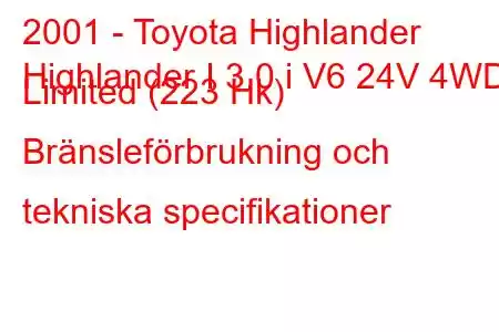 2001 - Toyota Highlander
Highlander I 3.0 i V6 24V 4WD Limited (223 Hk) Bränsleförbrukning och tekniska specifikationer