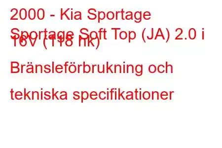 2000 - Kia Sportage
Sportage Soft Top (JA) 2.0 i 16V (118 hk) Bränsleförbrukning och tekniska specifikationer