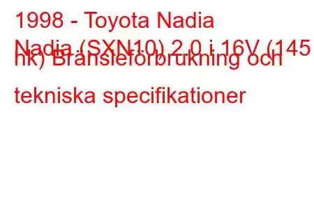 1998 - Toyota Nadia
Nadia (SXN10) 2.0 i 16V (145 hk) Bränsleförbrukning och tekniska specifikationer