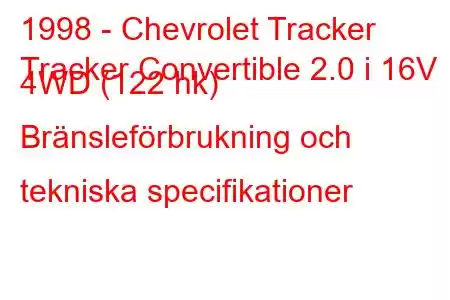 1998 - Chevrolet Tracker
Tracker Convertible 2.0 i 16V 4WD (122 hk) Bränsleförbrukning och tekniska specifikationer