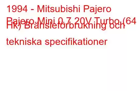 1994 - Mitsubishi Pajero
Pajero Mini 0.7 20V Turbo (64 Hk) Bränsleförbrukning och tekniska specifikationer