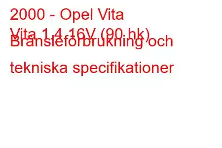 2000 - Opel Vita
Vita 1.4 16V (90 hk) Bränsleförbrukning och tekniska specifikationer