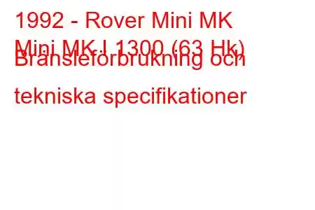 1992 - Rover Mini MK
Mini MK I 1300 (63 Hk) Bränsleförbrukning och tekniska specifikationer