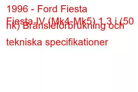 1996 - Ford Fiesta
Fiesta IV (Mk4-Mk5) 1,3 i (50 hk) Bränsleförbrukning och tekniska specifikationer