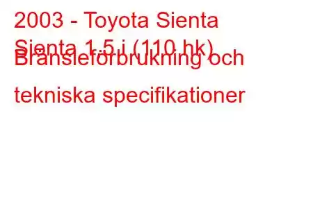 2003 - Toyota Sienta
Sienta 1,5 i (110 hk) Bränsleförbrukning och tekniska specifikationer