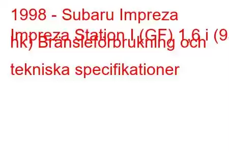 1998 - Subaru Impreza
Impreza Station I (GF) 1,6 i (95 hk) Bränsleförbrukning och tekniska specifikationer