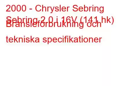 2000 - Chrysler Sebring
Sebring 2.0 i 16V (141 hk) Bränsleförbrukning och tekniska specifikationer