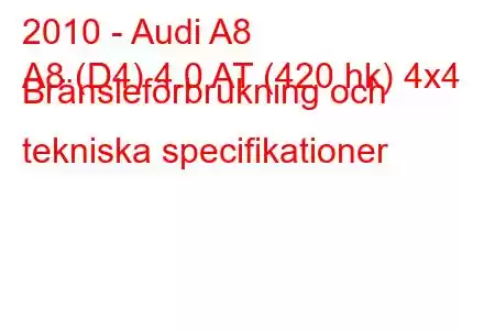 2010 - Audi A8
A8 (D4) 4.0 AT (420 hk) 4x4 Bränsleförbrukning och tekniska specifikationer