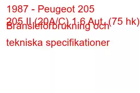 1987 - Peugeot 205
205 II (20A/C) 1.6 Aut. (75 hk) Bränsleförbrukning och tekniska specifikationer