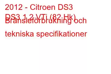 2012 - Citroen DS3
DS3 1.2 VTi (82 Hk) Bränsleförbrukning och tekniska specifikationer