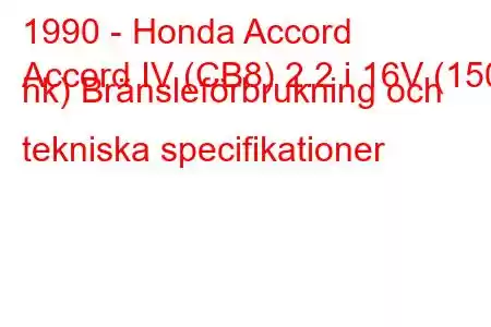 1990 - Honda Accord
Accord IV (CB8) 2.2 i 16V (150 hk) Bränsleförbrukning och tekniska specifikationer