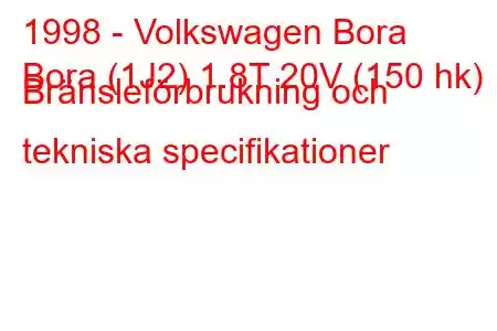 1998 - Volkswagen Bora
Bora (1J2) 1.8T 20V (150 hk) Bränsleförbrukning och tekniska specifikationer