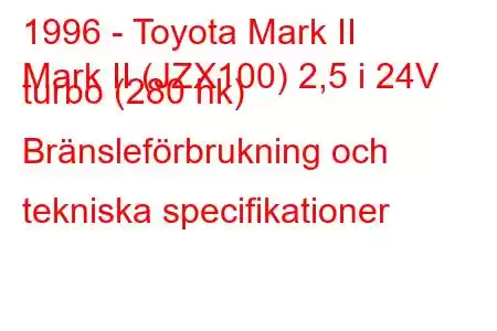 1996 - Toyota Mark II
Mark II (JZX100) 2,5 i 24V turbo (280 hk) Bränsleförbrukning och tekniska specifikationer