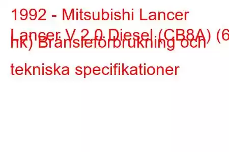 1992 - Mitsubishi Lancer
Lancer V 2.0 Diesel (CB8A) (68 hk) Bränsleförbrukning och tekniska specifikationer