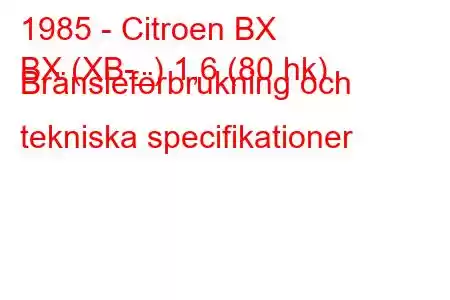 1985 - Citroen BX
BX (XB-_) 1,6 (80 hk) Bränsleförbrukning och tekniska specifikationer