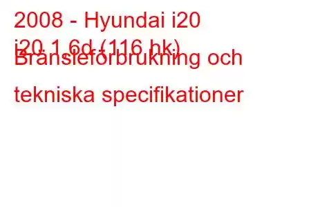 2008 - Hyundai i20
i20 1,6d (116 hk) Bränsleförbrukning och tekniska specifikationer